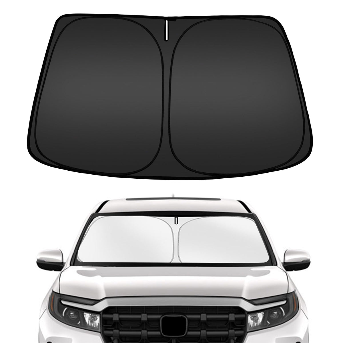 ARISMOTOR Ridgeline sunshade front-fit covers the windshield for full UV protection.
