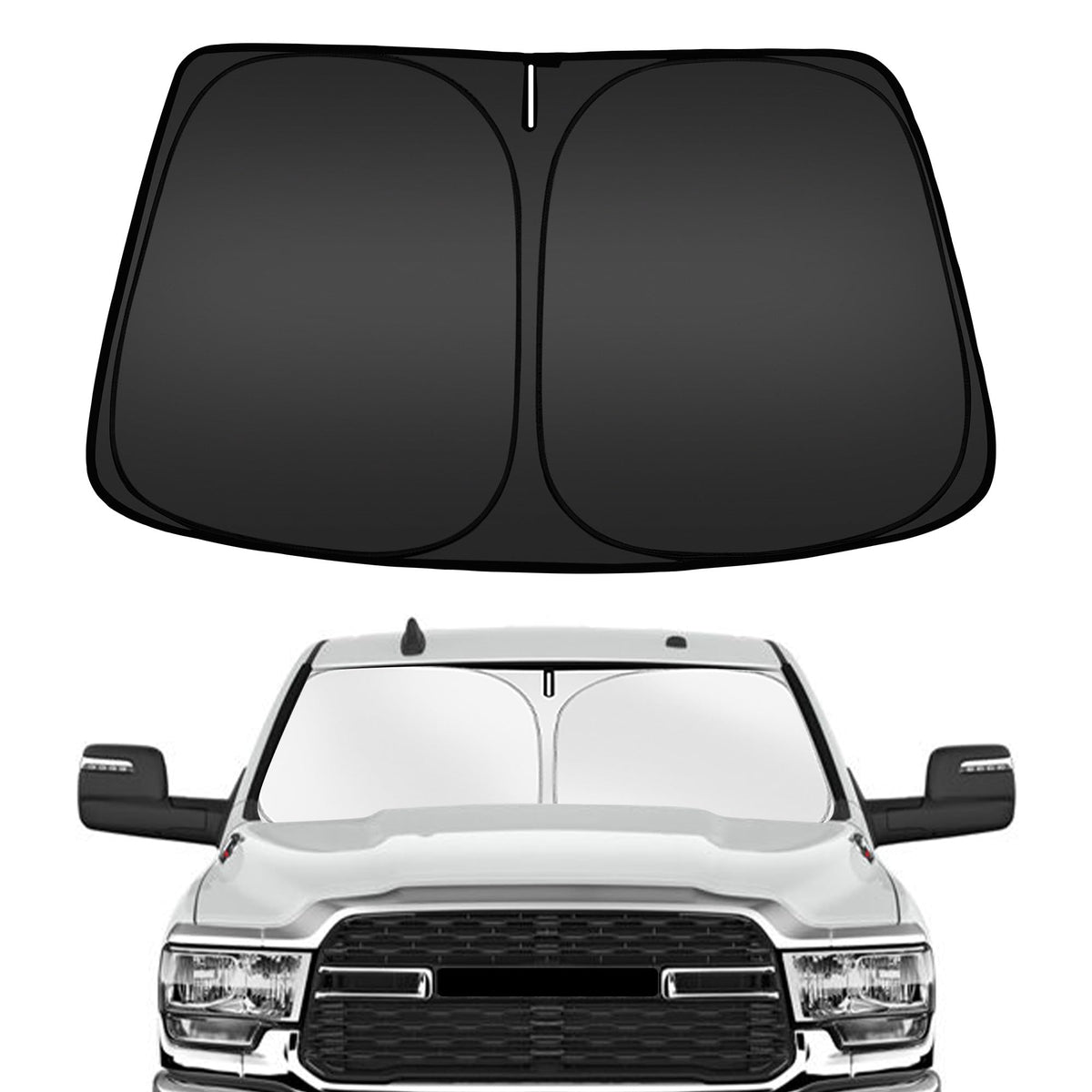 ARISMOTOR windshield sun shade on a Dodge RAM blocks UV rays and keeps interior cooler.