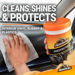 Armor All protectant wipe in action on vinyl dash for enhanced color and shine