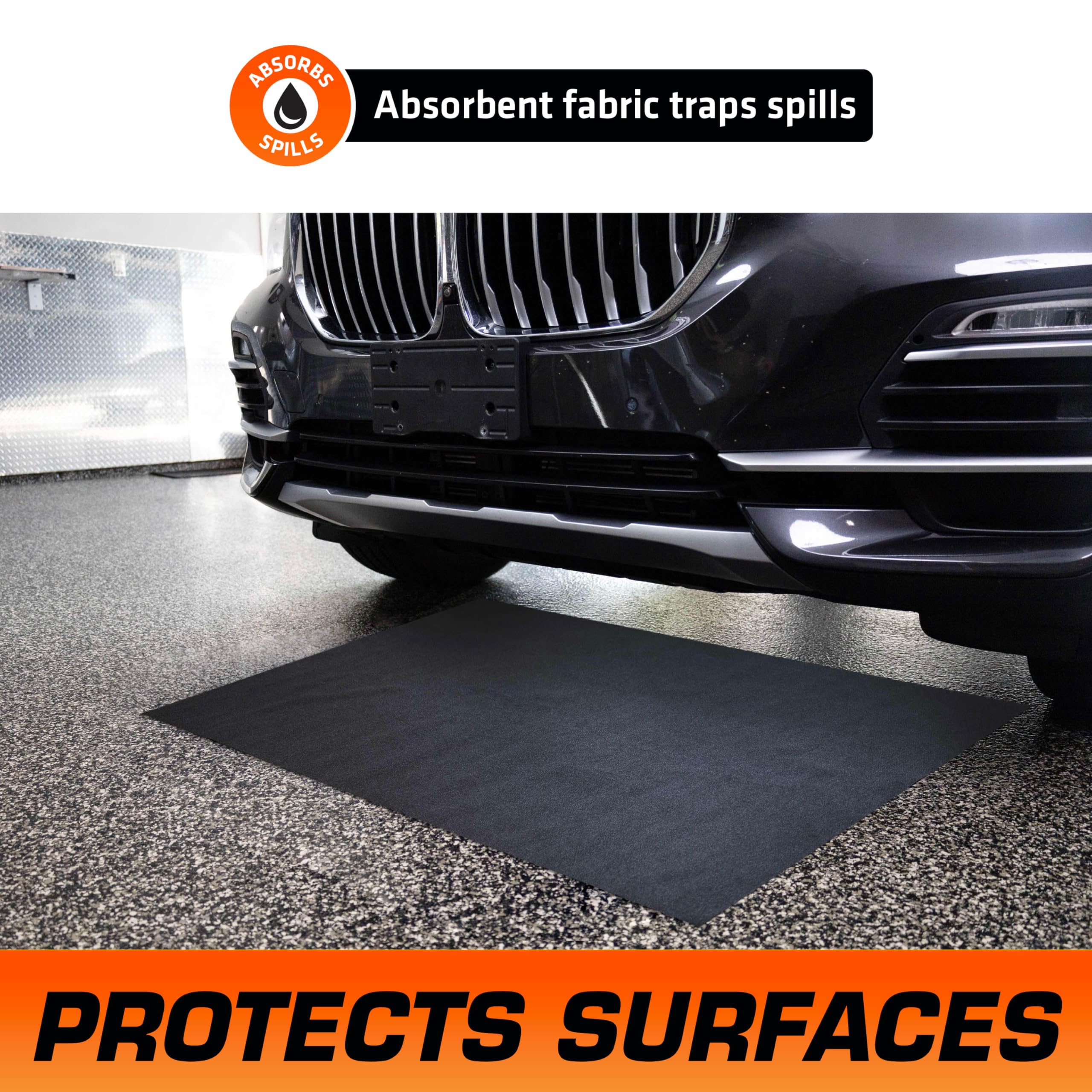 Armor All Drymate oil spill mat shows absorbent material capturing liquids for a cleaner workspace.