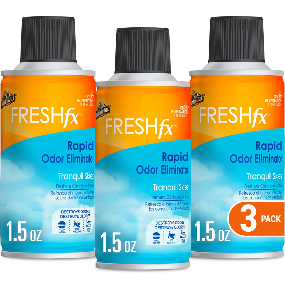Armor All Freshfx bottle with Tranquil Skies scent for quick odor elimination.