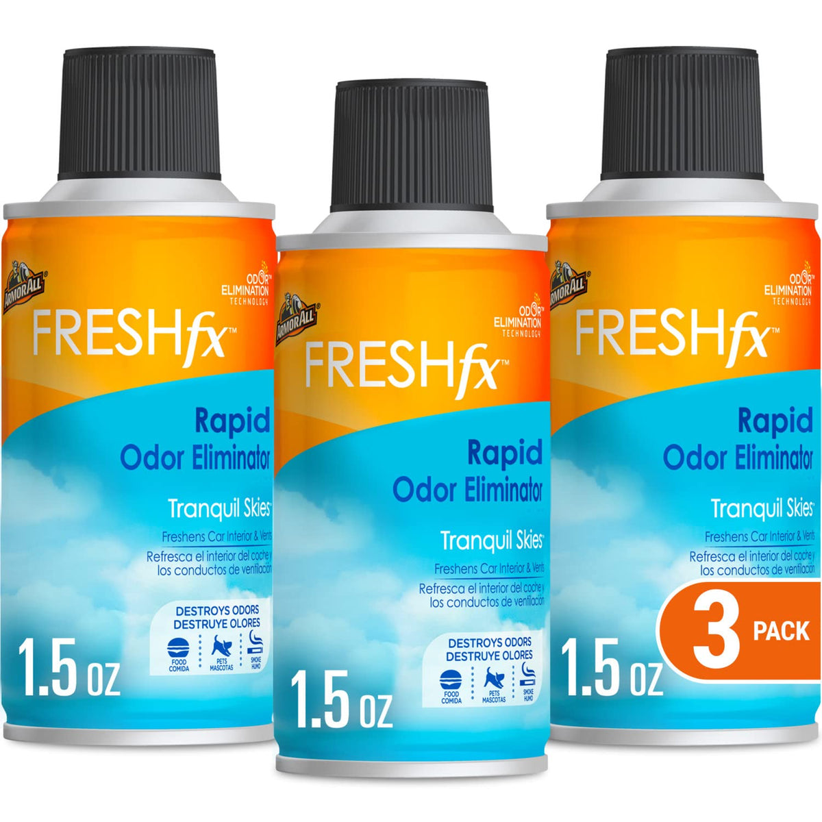 Armor All Freshfx bottle with Tranquil Skies scent for quick odor elimination.