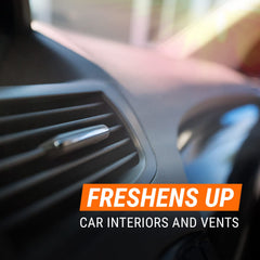 Vent treatment showing reach to car vents for comprehensive freshness.