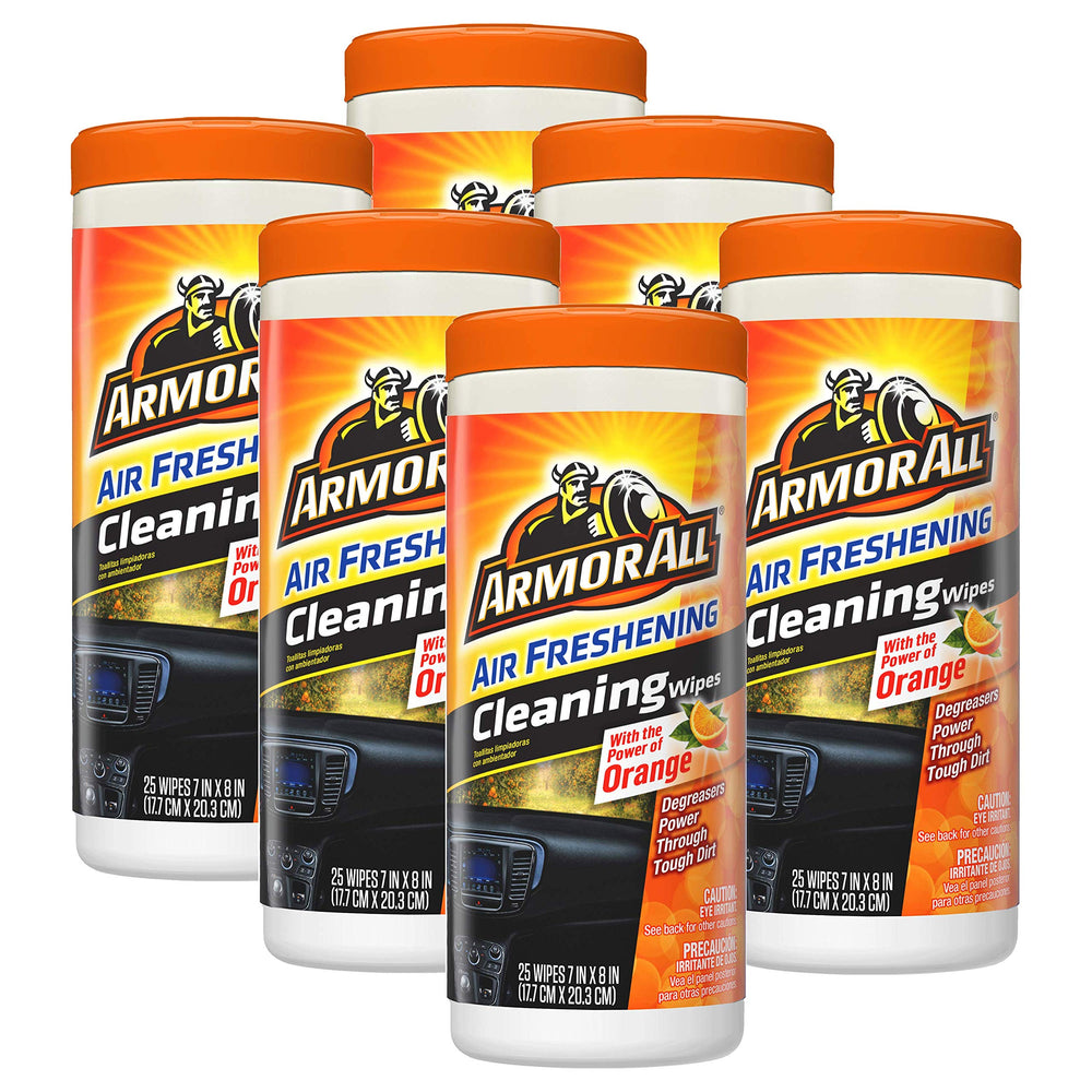 Armor All orange air freshening wipes canister for quick interior cleaning and fresh scent.