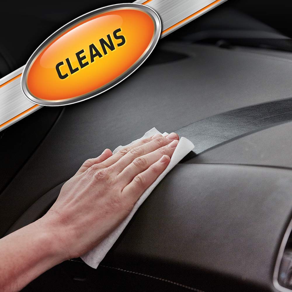 Armor All orange air freshening wipes dash clean removes dust and grime from dashboard.