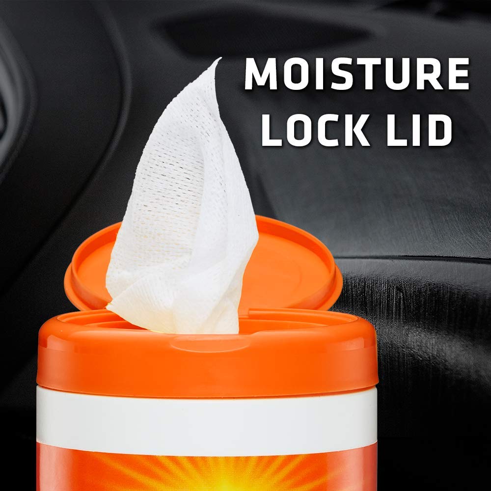 Armor All orange air freshening wipes matte finish reveals natural car surfaces.