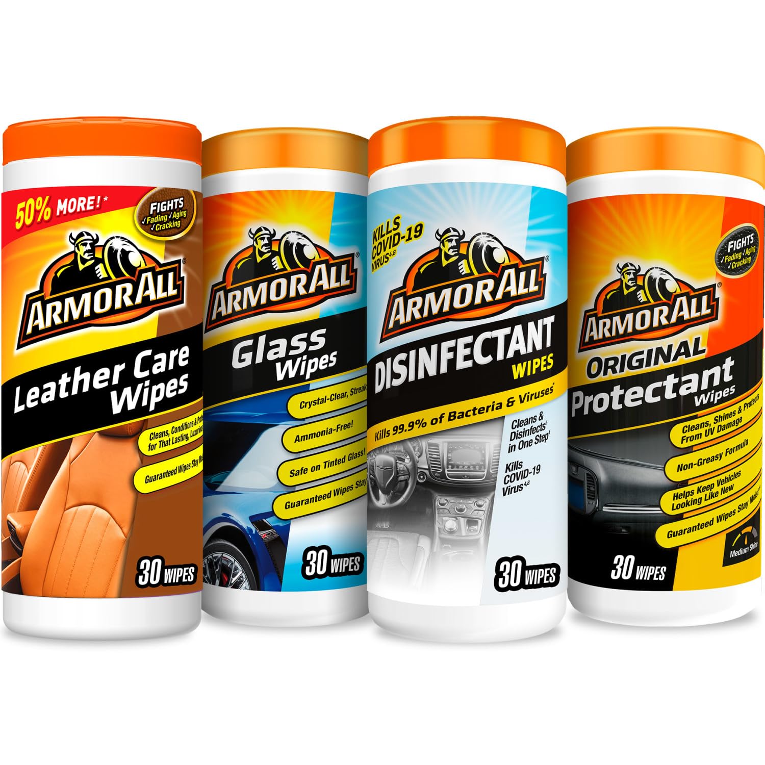 Armor All packaging showing four-wipe kit with leather, glass, disinfectant, and protectant.