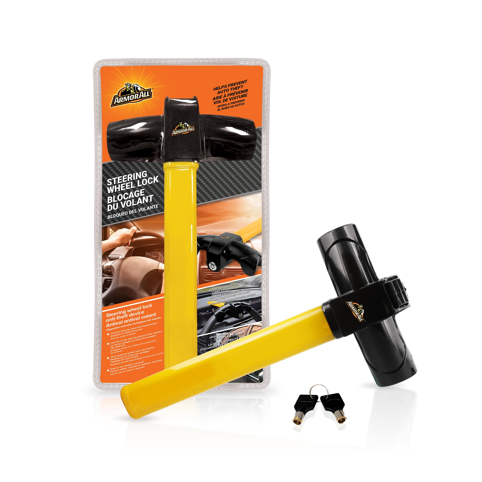 Armor All steering wheel lock securing a car, high-visibility deterrent against theft.