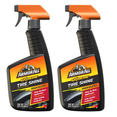 Armor All Tire Shine spray bottle showing rich gloss after application