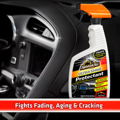 Armor All interior cleaner spray in action delivering high-gloss protection on dashboards.