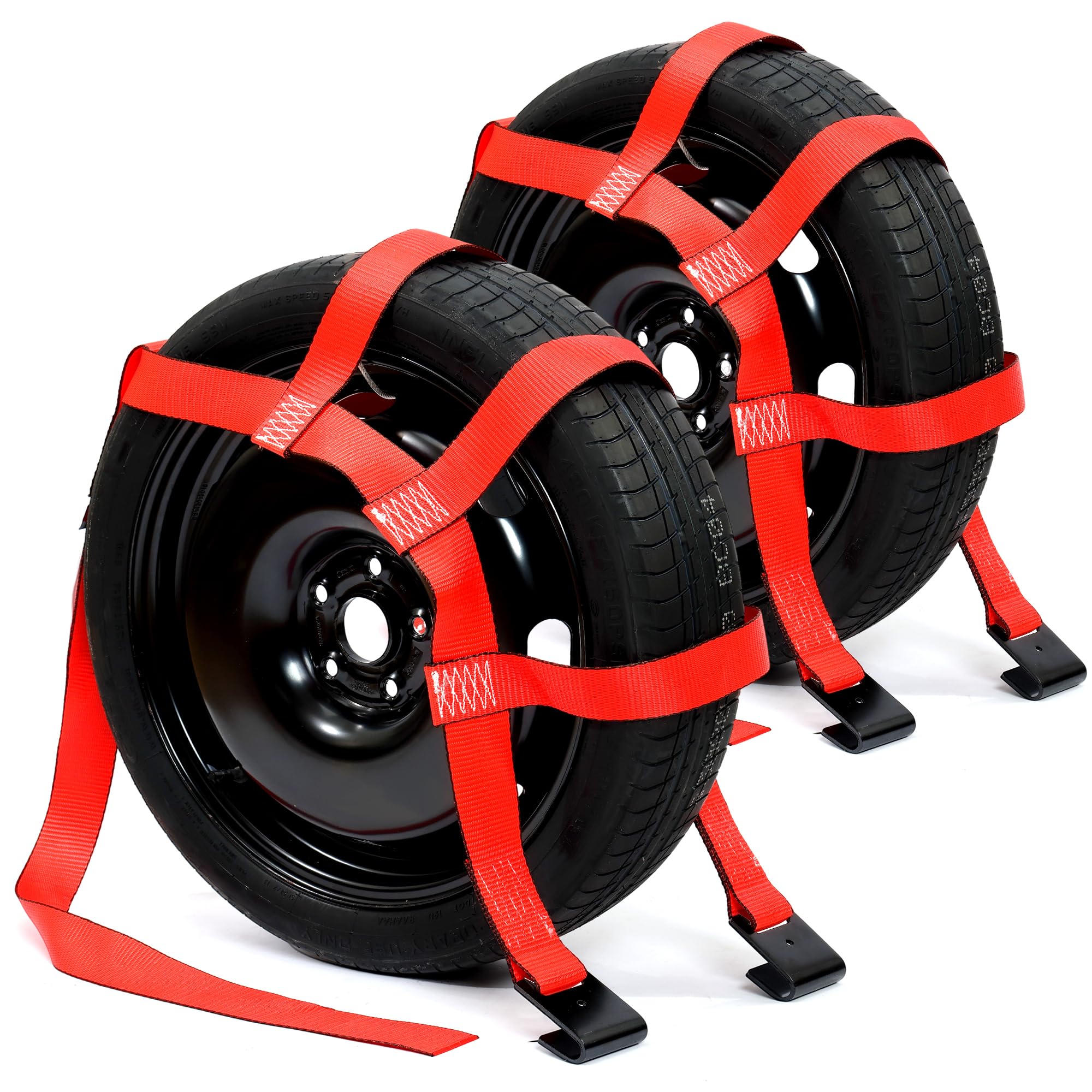 ARMORLOGISTICS tow dolly basket strap with flat hooks secures 14–17 inch tires during transport.