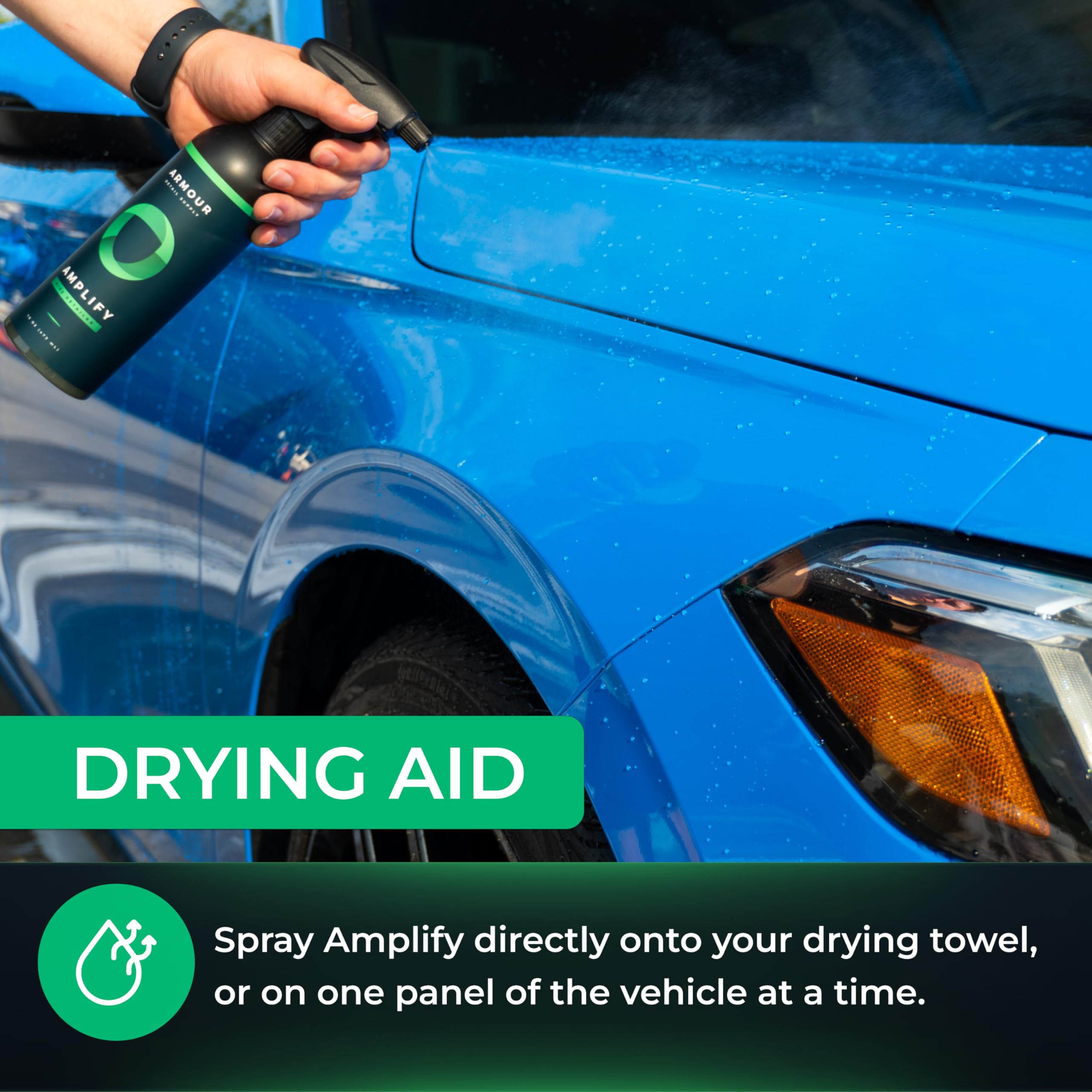 Armour Detail Supply Amplify spray application for streak-free exterior detailing.