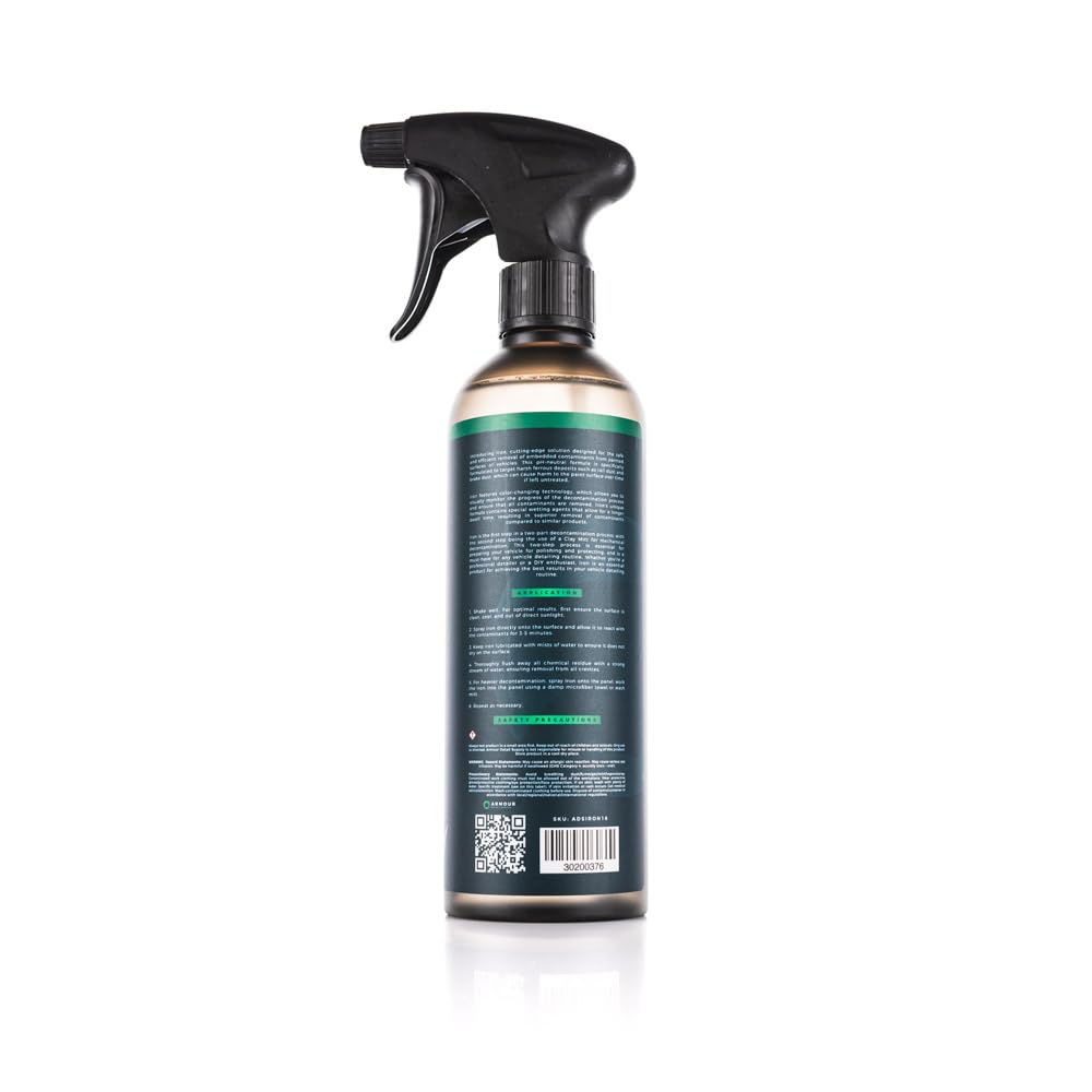 Armour Detail Supply iron remover label shows pH-neutral, low-odor formula.