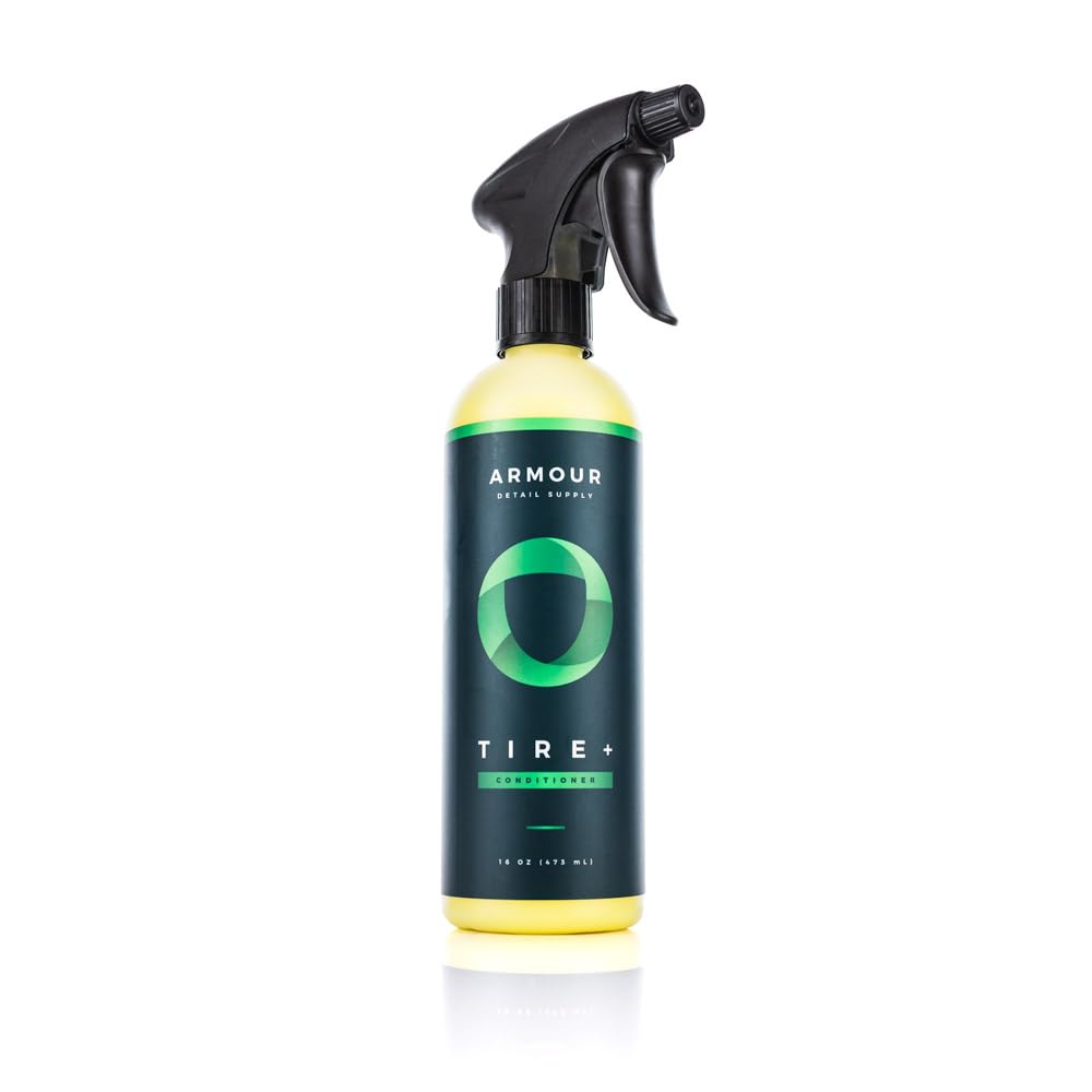Armour Detail Supply Tire+ bottle demonstrates lasting tire shine for a refined finish.