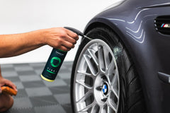 Armour Detail Supply Tire+ hydrophobic-beading illustrates dirt and water shedding on treated tires.