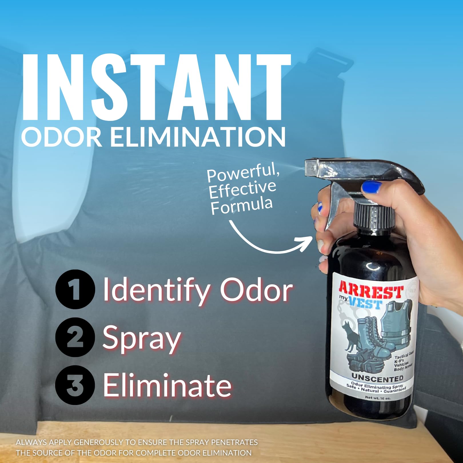 Arrest My Vest body armor deodorizer spray applied to armor for odor removal