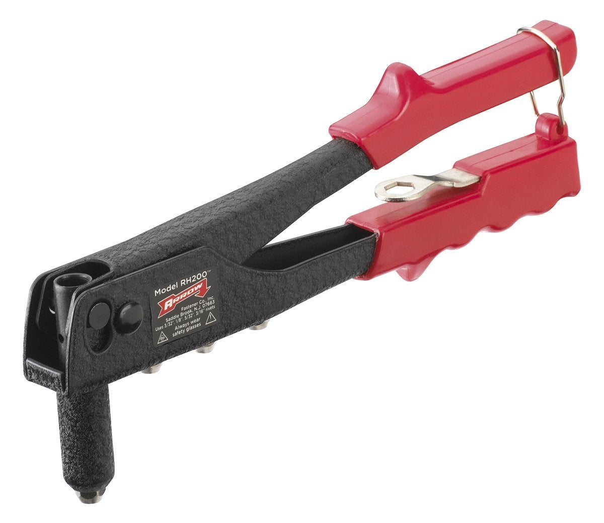 Arrow RH200S manual riveter with extended nose for tight spaces and multiple rivet sizes.