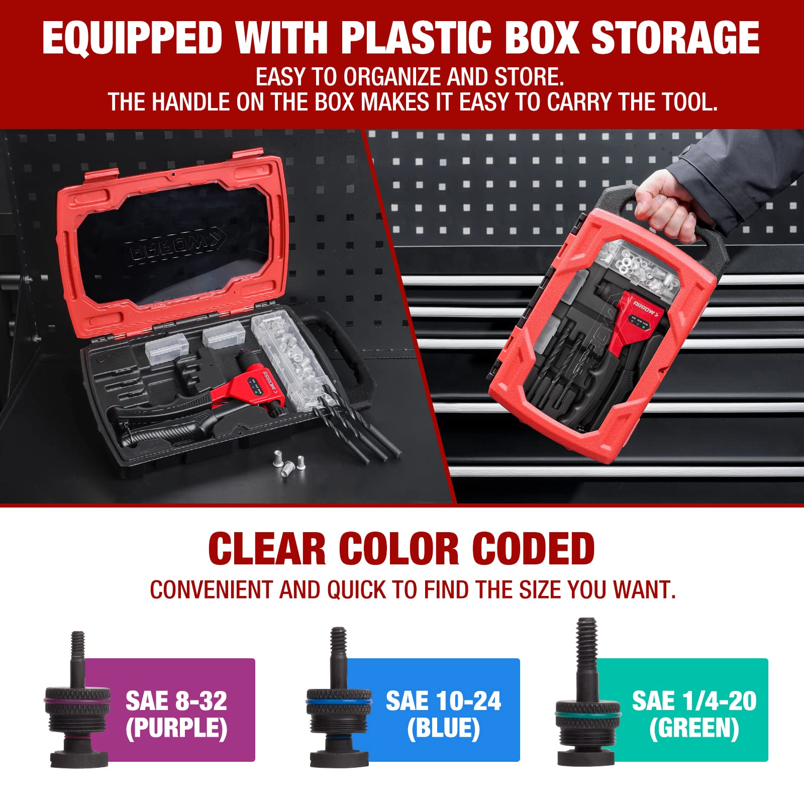 Arrow Rivnut Tool blow-mold case protects and transports tools.