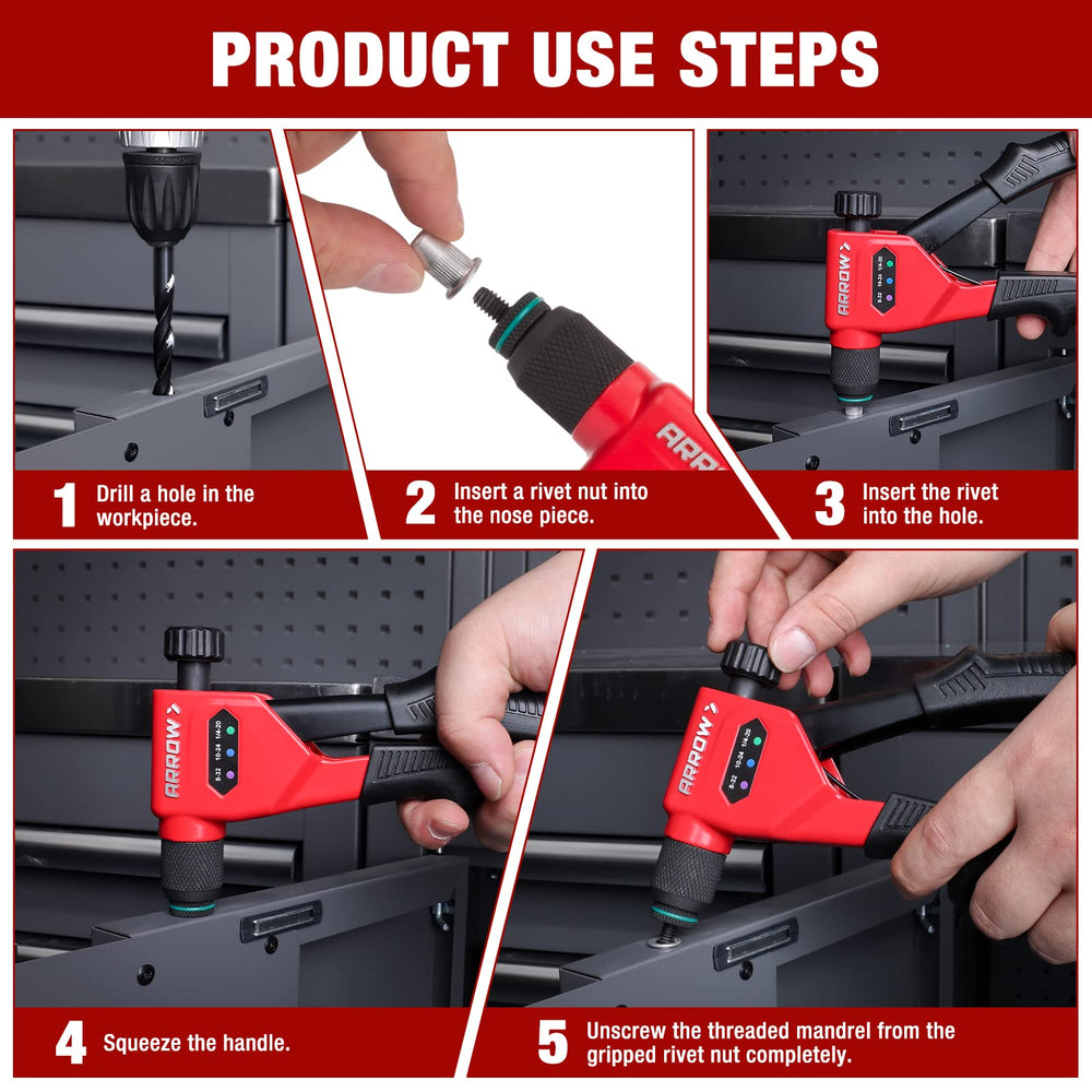 Arrow Rivnut Tool compact body fits into tight spaces.