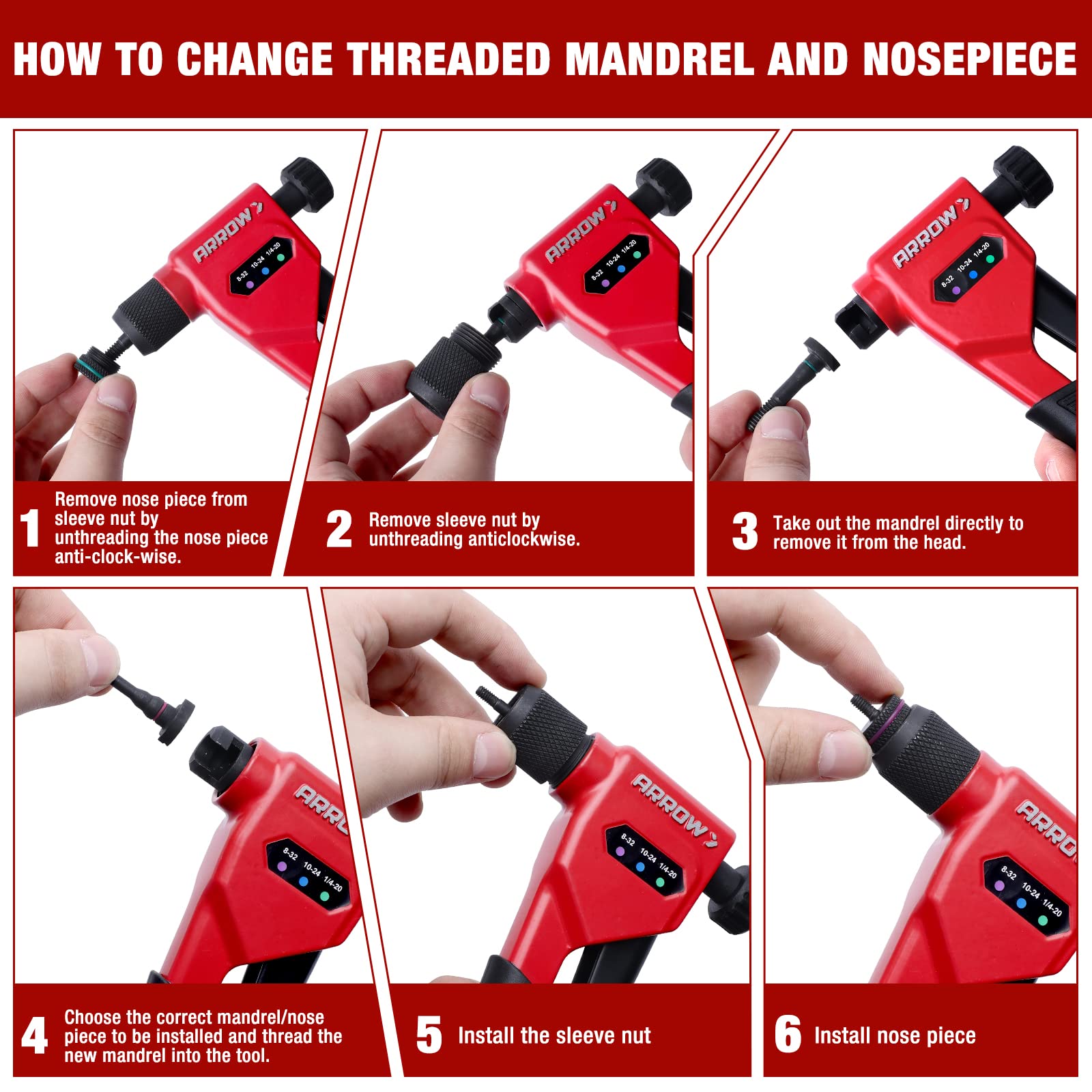 Arrow Rivnut Tool ergonomic handle reduces hand fatigue.