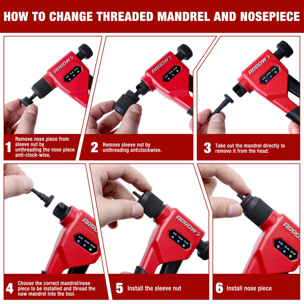 Arrow Rivnut Tool ergonomic handle reduces hand fatigue.