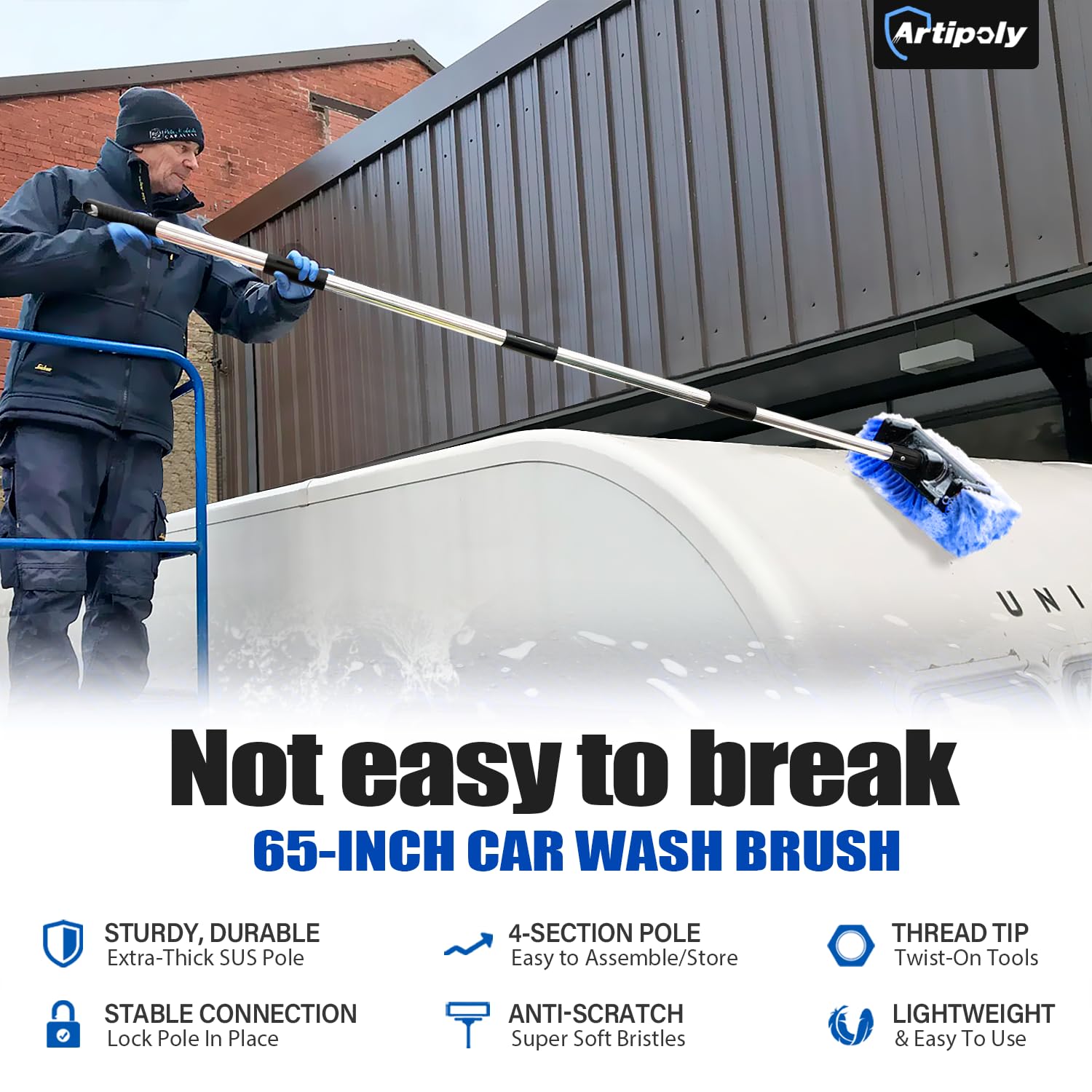 ARTIPOLY long-handle tire brush tackles wheels and rims with ease