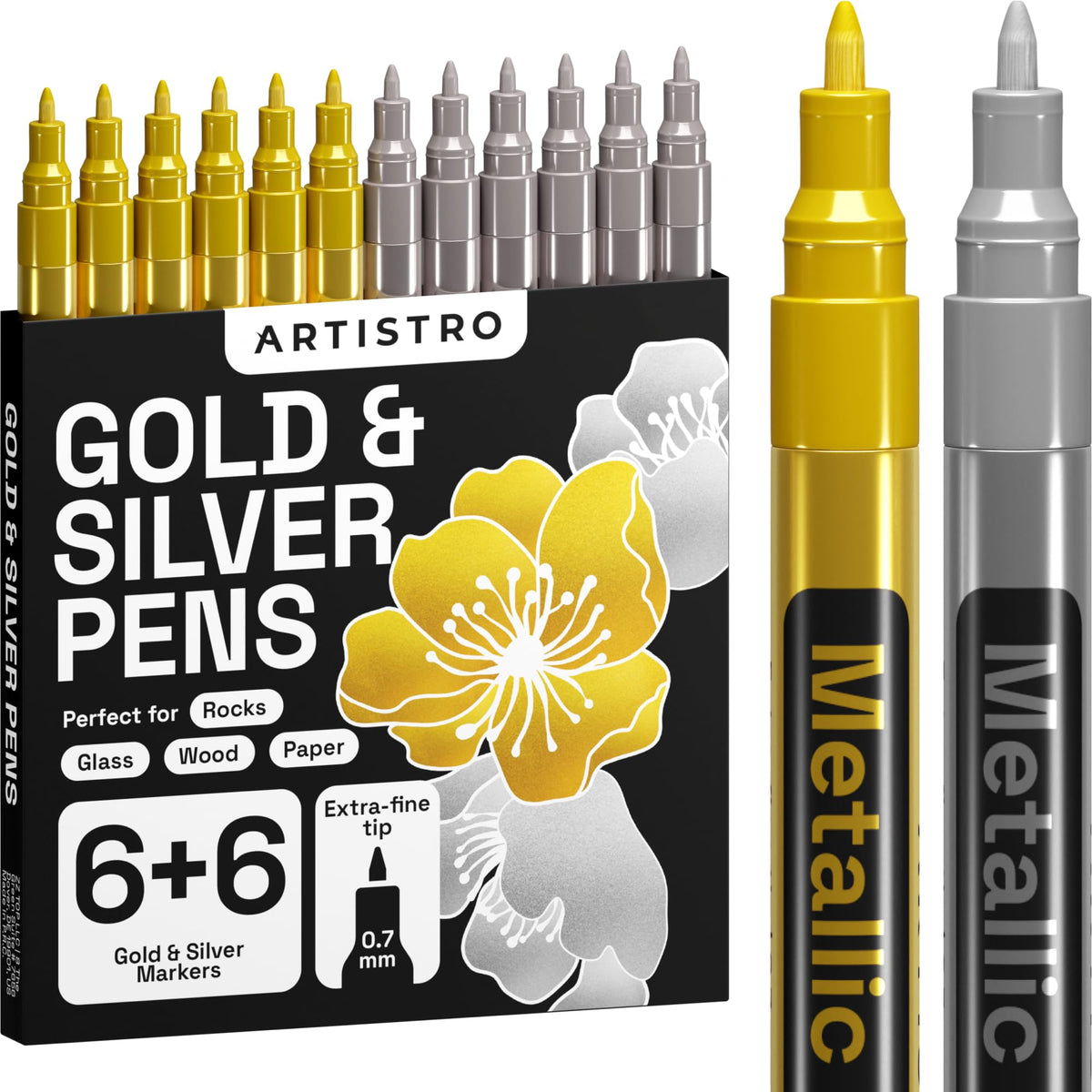 Artistro 12 oil-based gold paint pen with extra-fine tip for precise embellishment.