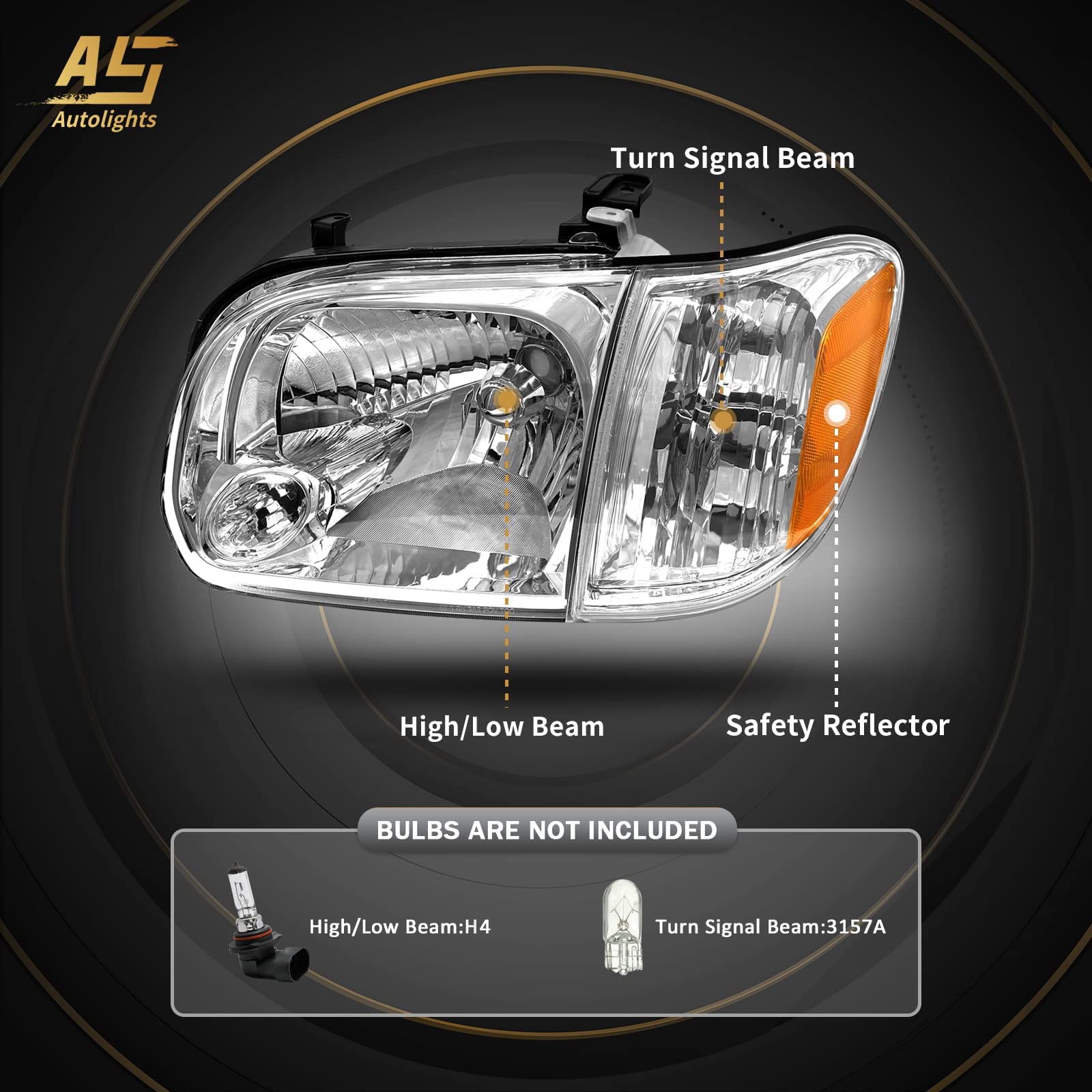 AS headlight assembly for Sequoia 2005-2007, chrome housing, driver-side view.
