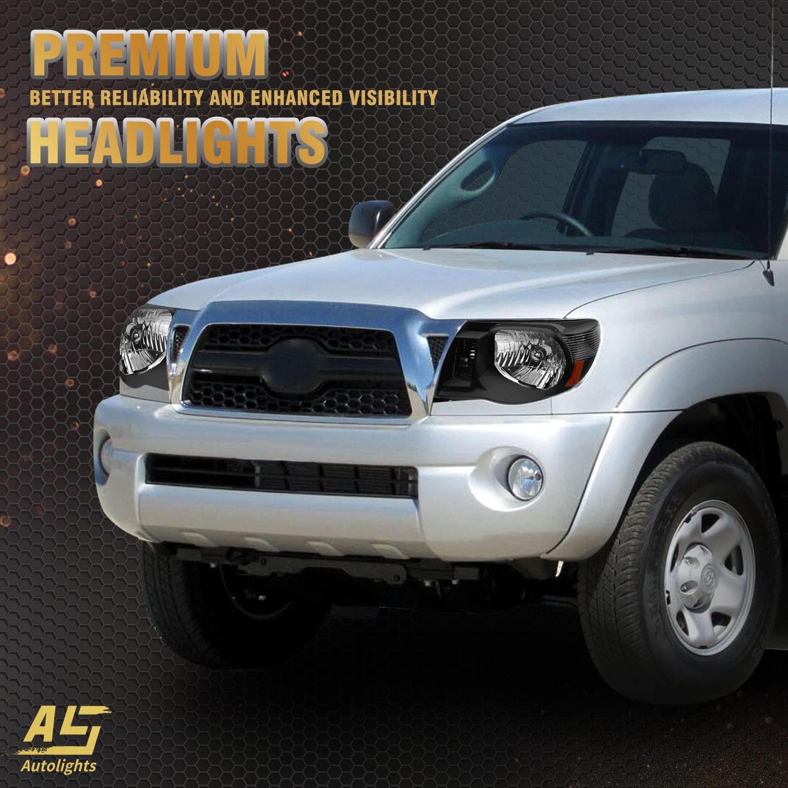 AS headlight front view shows black housing and amber reflector design.