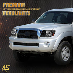AS headlight front view shows black housing and amber reflector design.