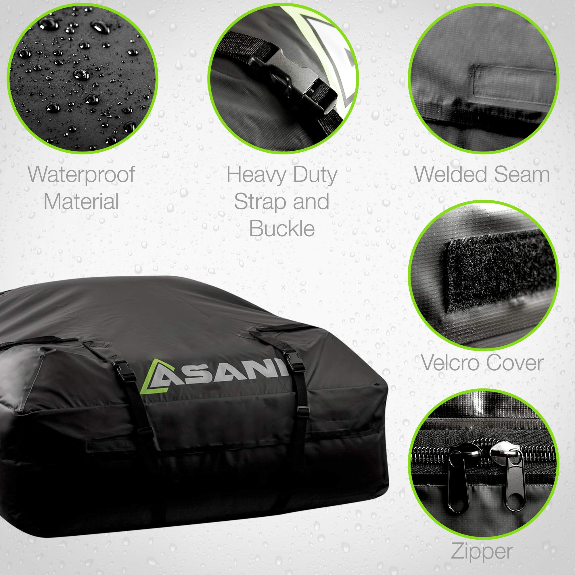 Asani roof bag offers 15 cu ft interior for camping gear.