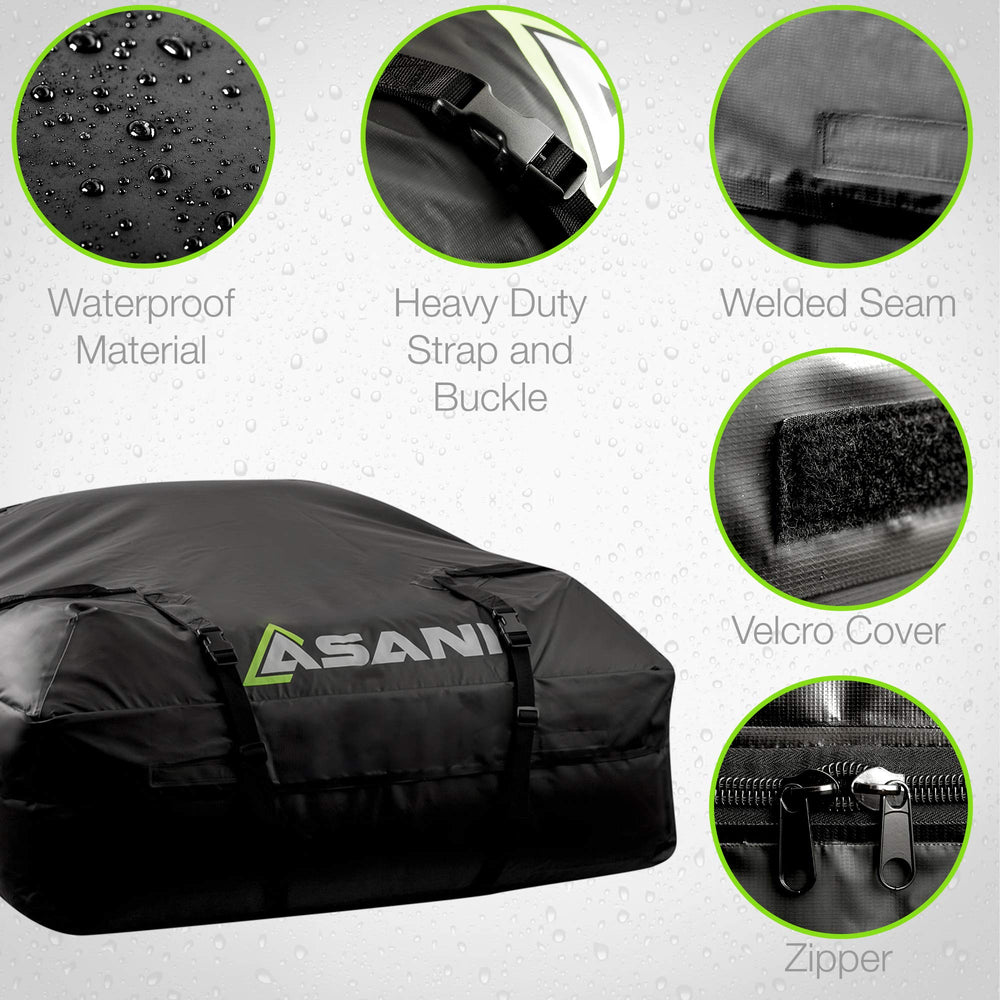 Asani roof bag offers 15 cu ft interior for camping gear.