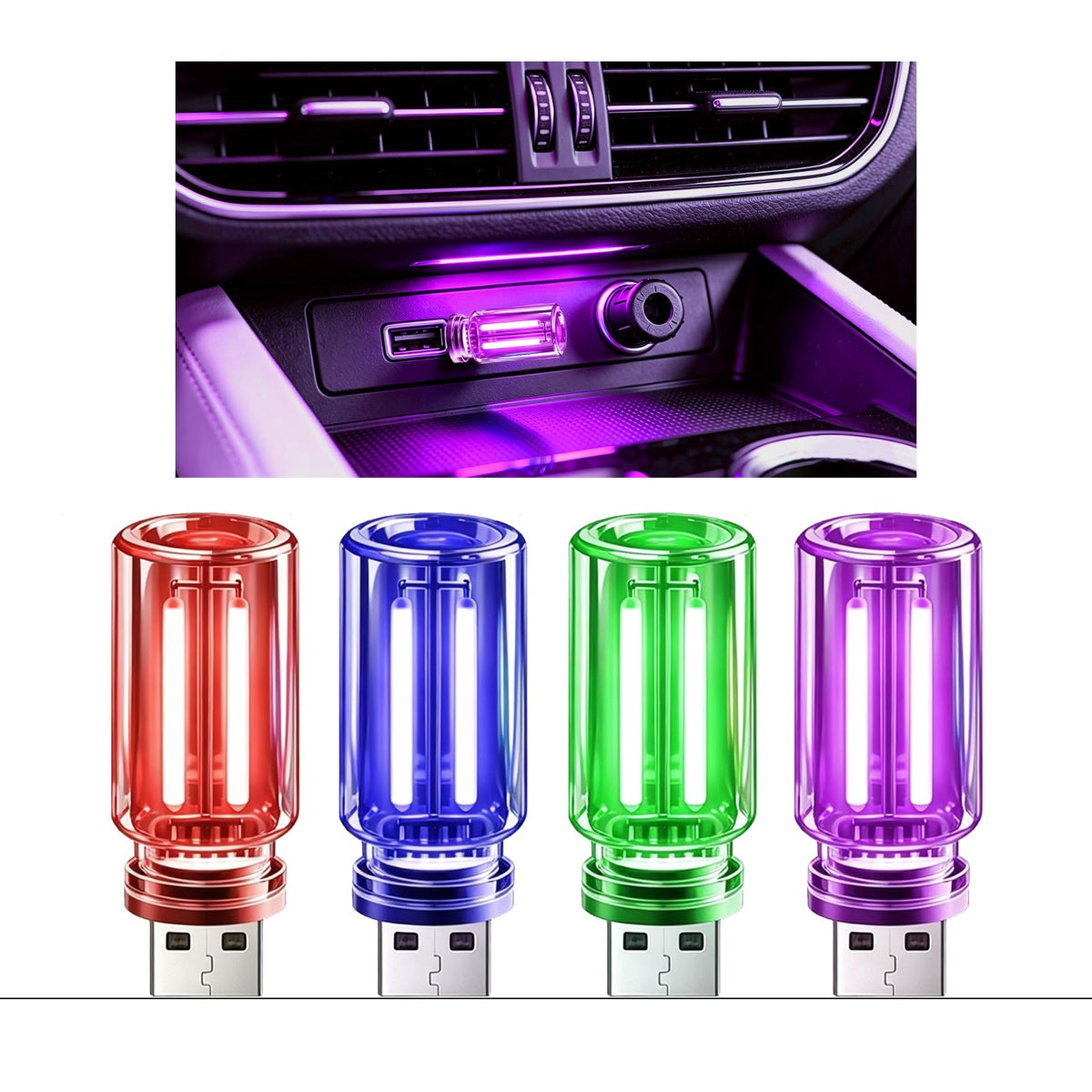 ASDFWSCW USB LED night light four-pack with soft ambient glow for car, laptop, and bedroom.