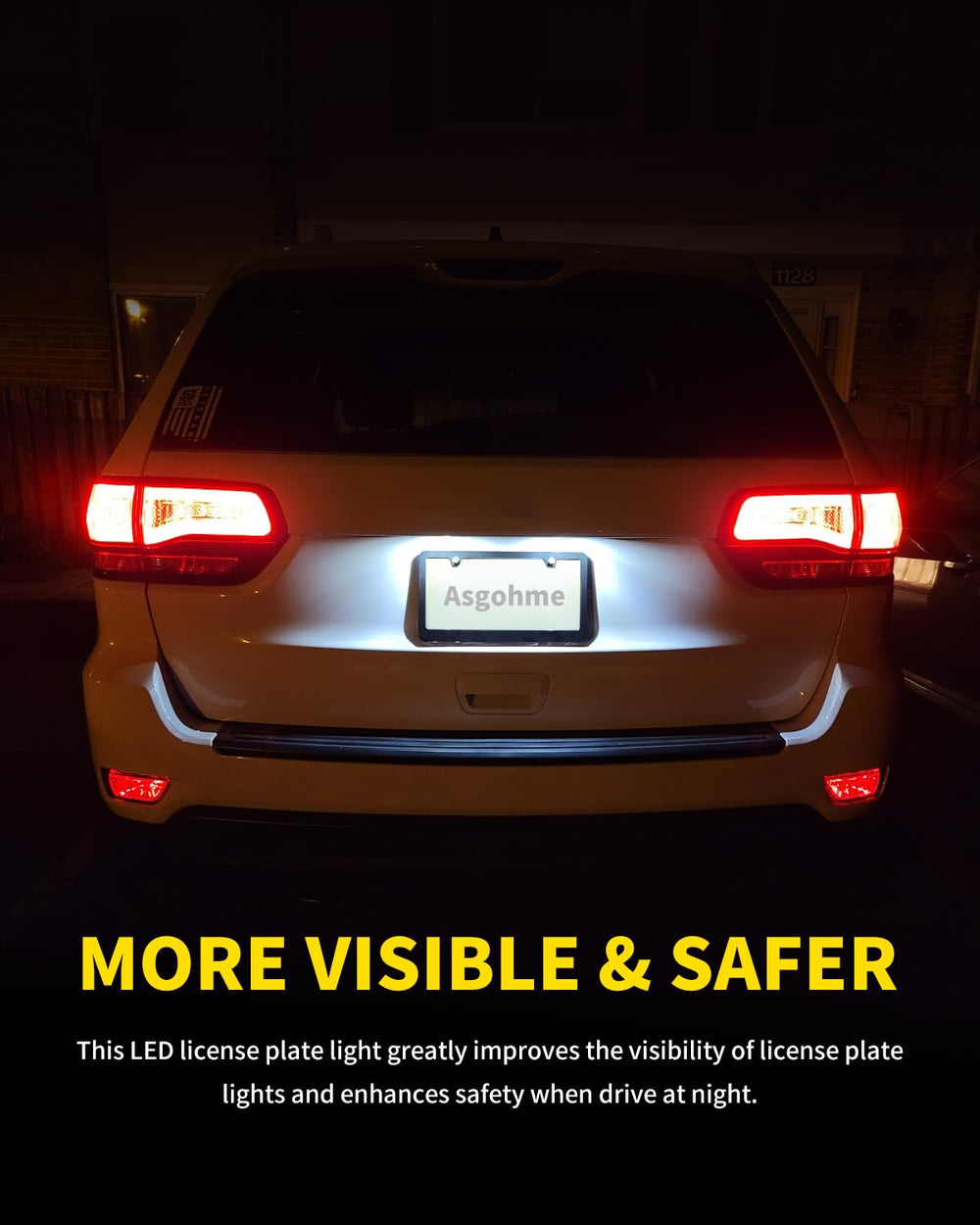 Asgohme LED license plate light compared to halogen improves rear-plate visibility.