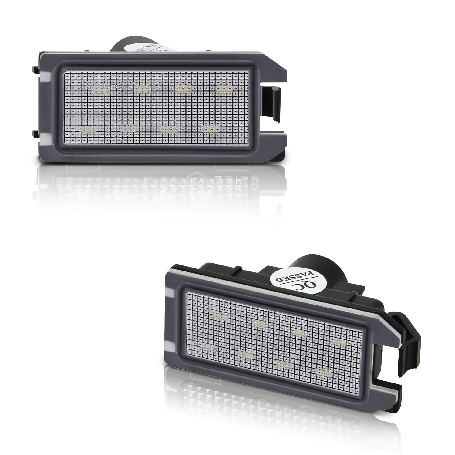 Asgohme LED license plate light front view shows bright white illumination.
