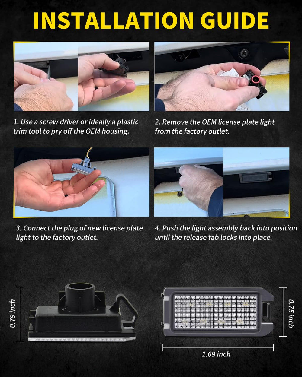 Asgohme LED license plate light kit includes two lights for replacement.