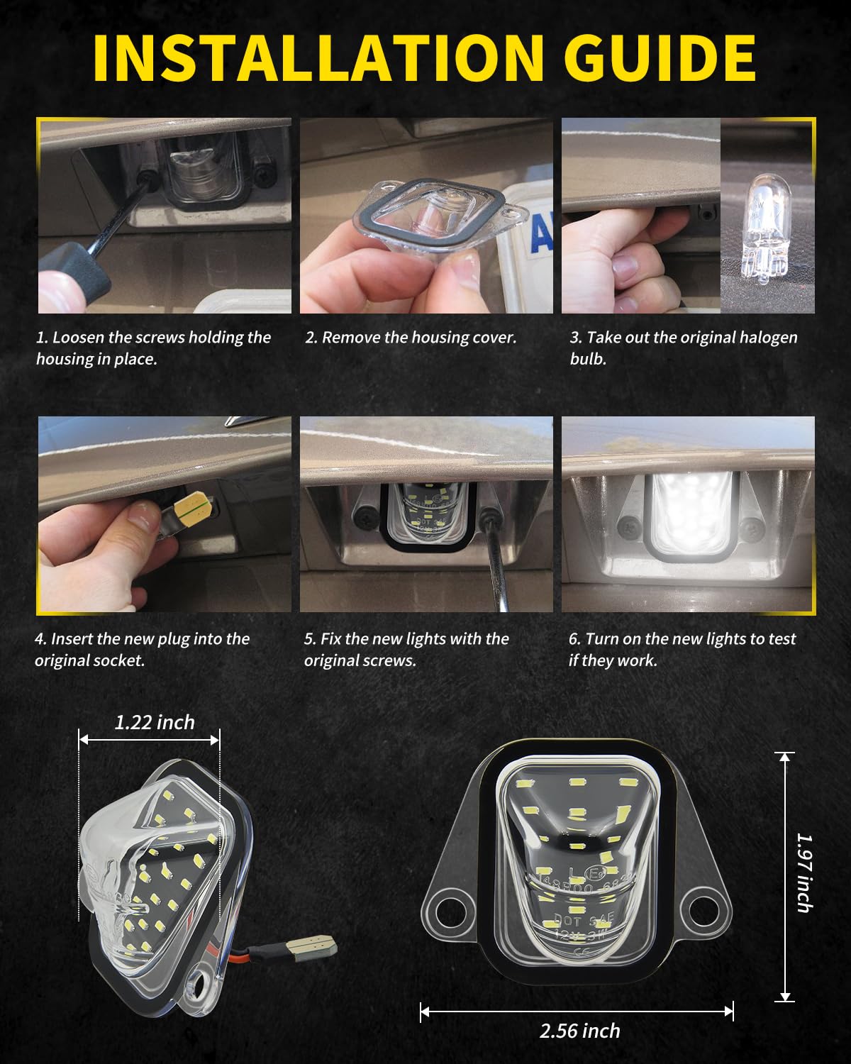 Asgohme license plate lights with error-free resistor to minimize dashboard warnings.