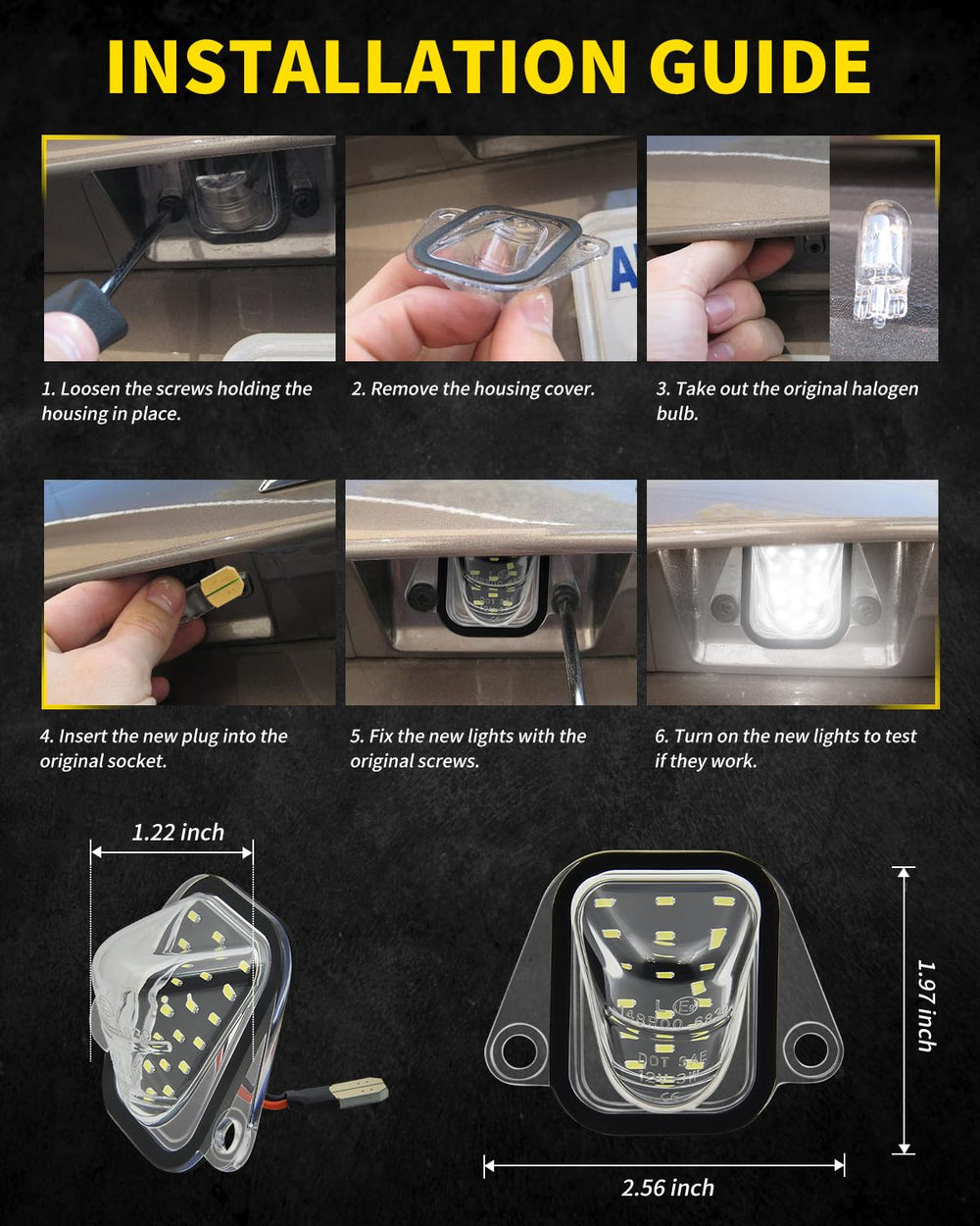 Asgohme license plate lights with error-free resistor to minimize dashboard warnings.