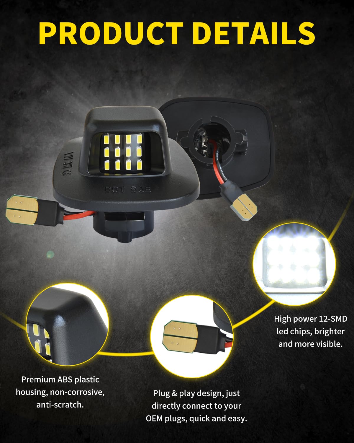 Asgohme LED license plate lights – close-up of polycarbonate lens and rugged ABS housing.