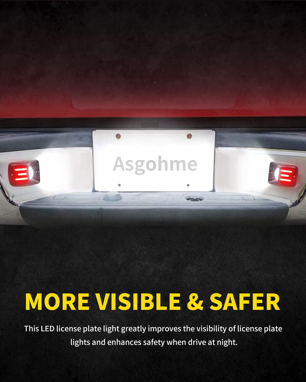 Asgohme quick-install license plate lights improve nighttime visibility for drivers.