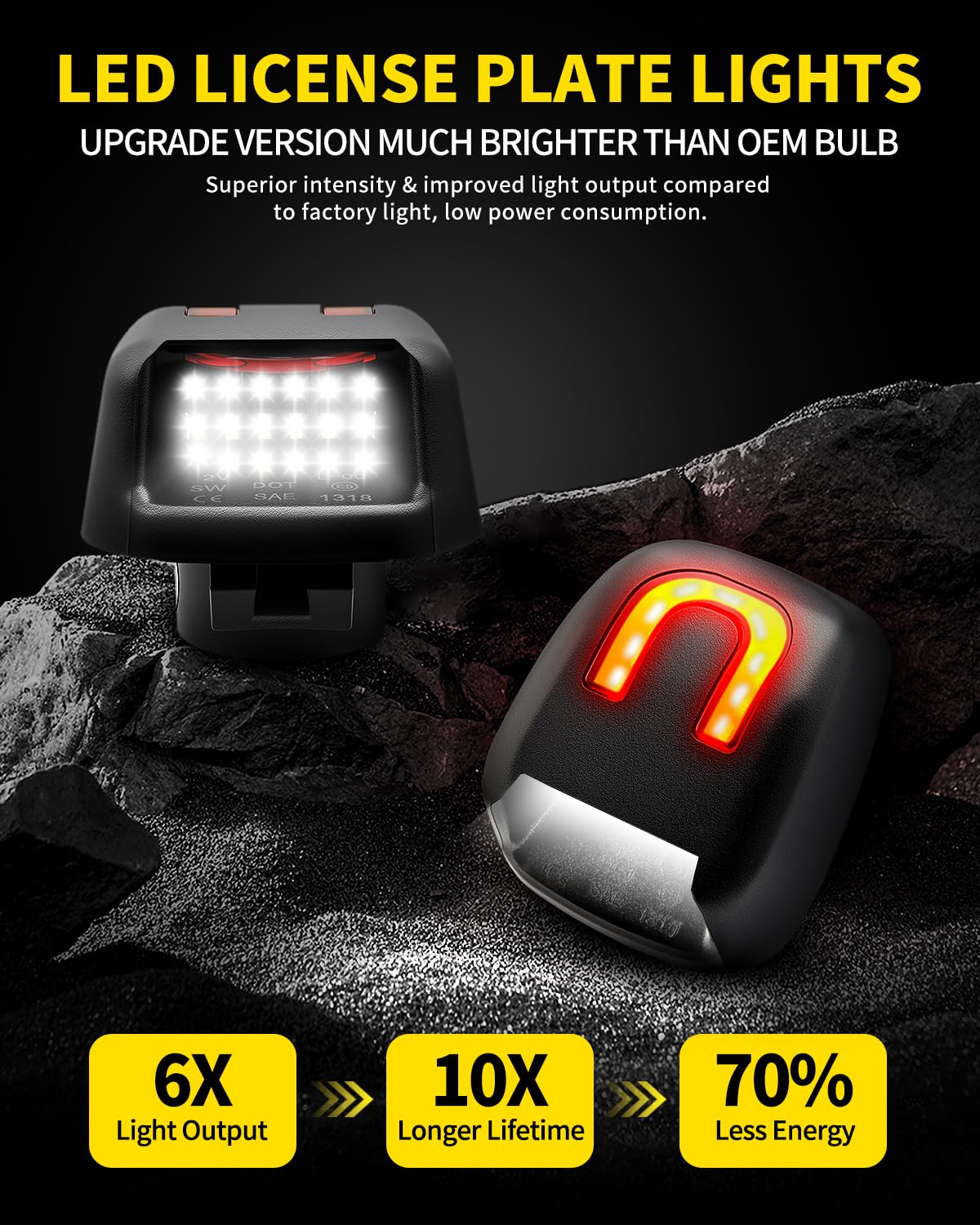 Asgohme lights with red U-strip on rear bumper for stylish visibility.