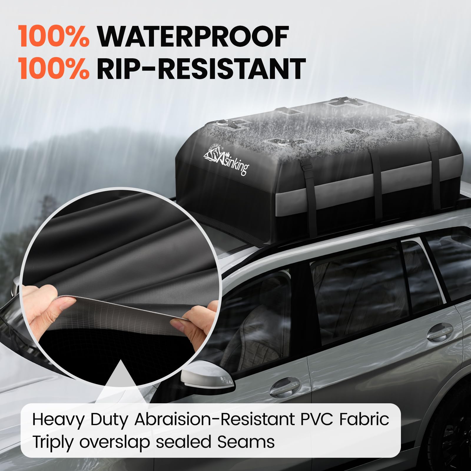 Asinking rooftop cargo bag installs easily on any vehicle, flexible mounting system