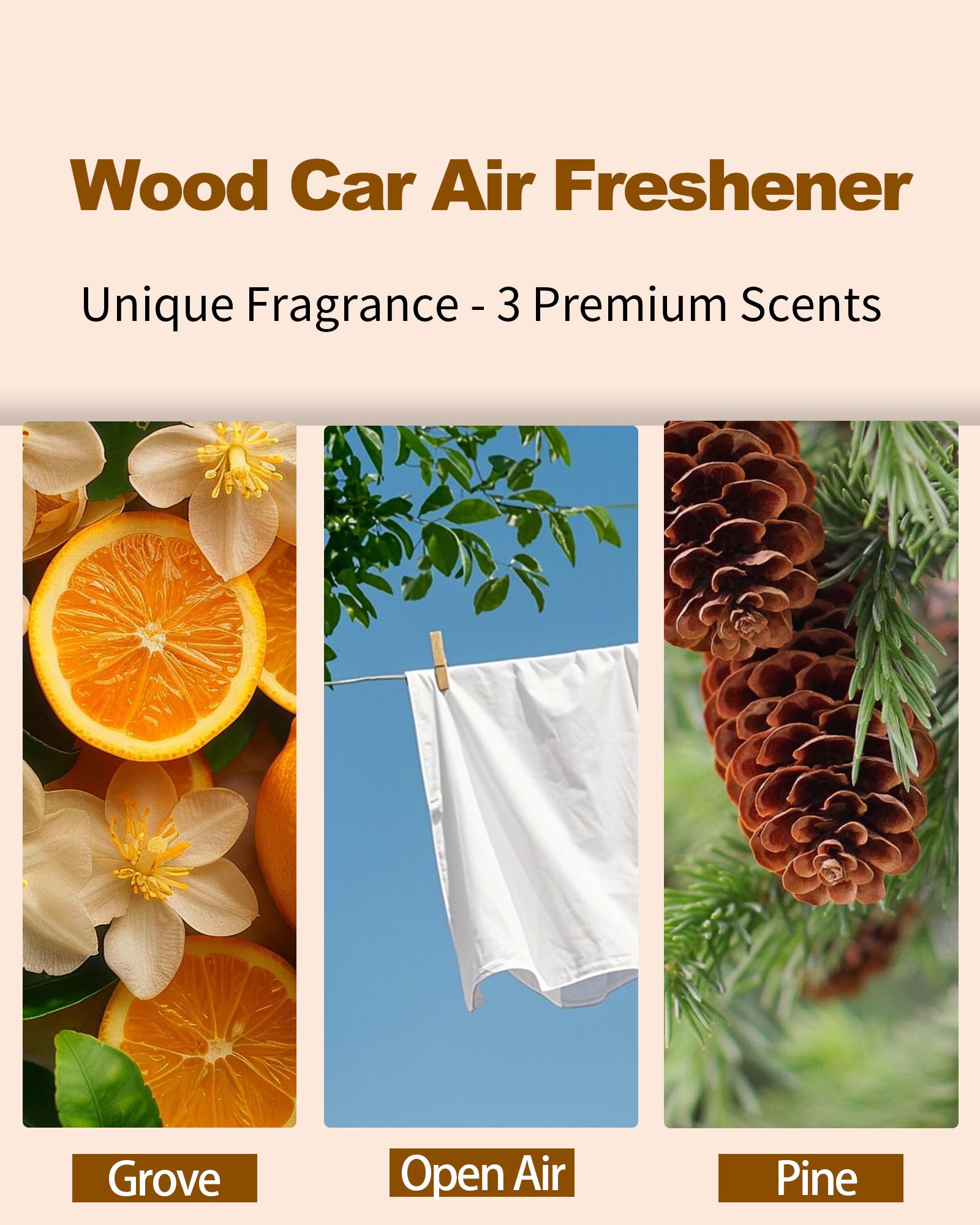 Asmonato Pine wood car freshener clip provides earthy aroma for SUVs and trucks.