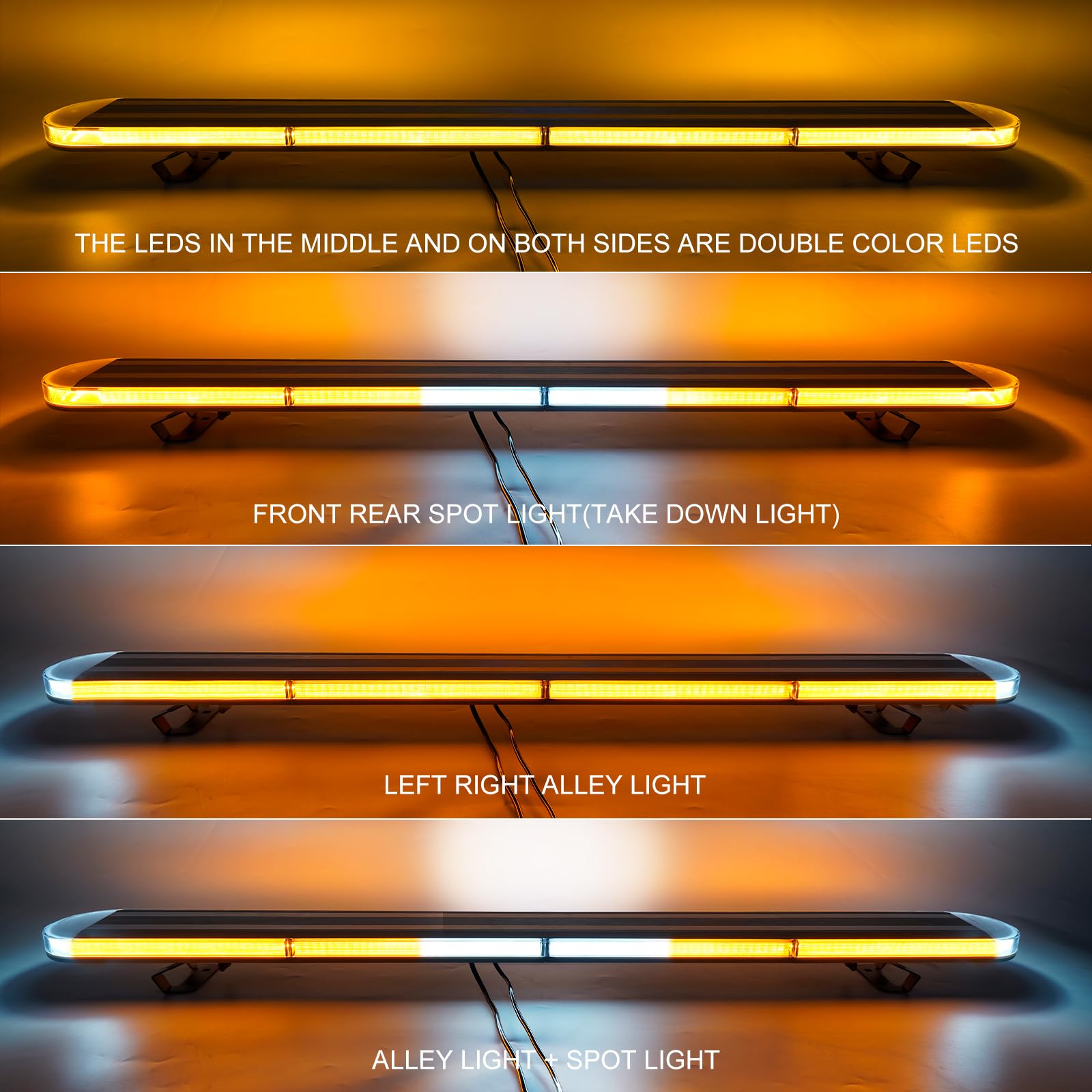 ASPL 48in LED roof mount amber bar side view, 360-degree coverage on the vehicle