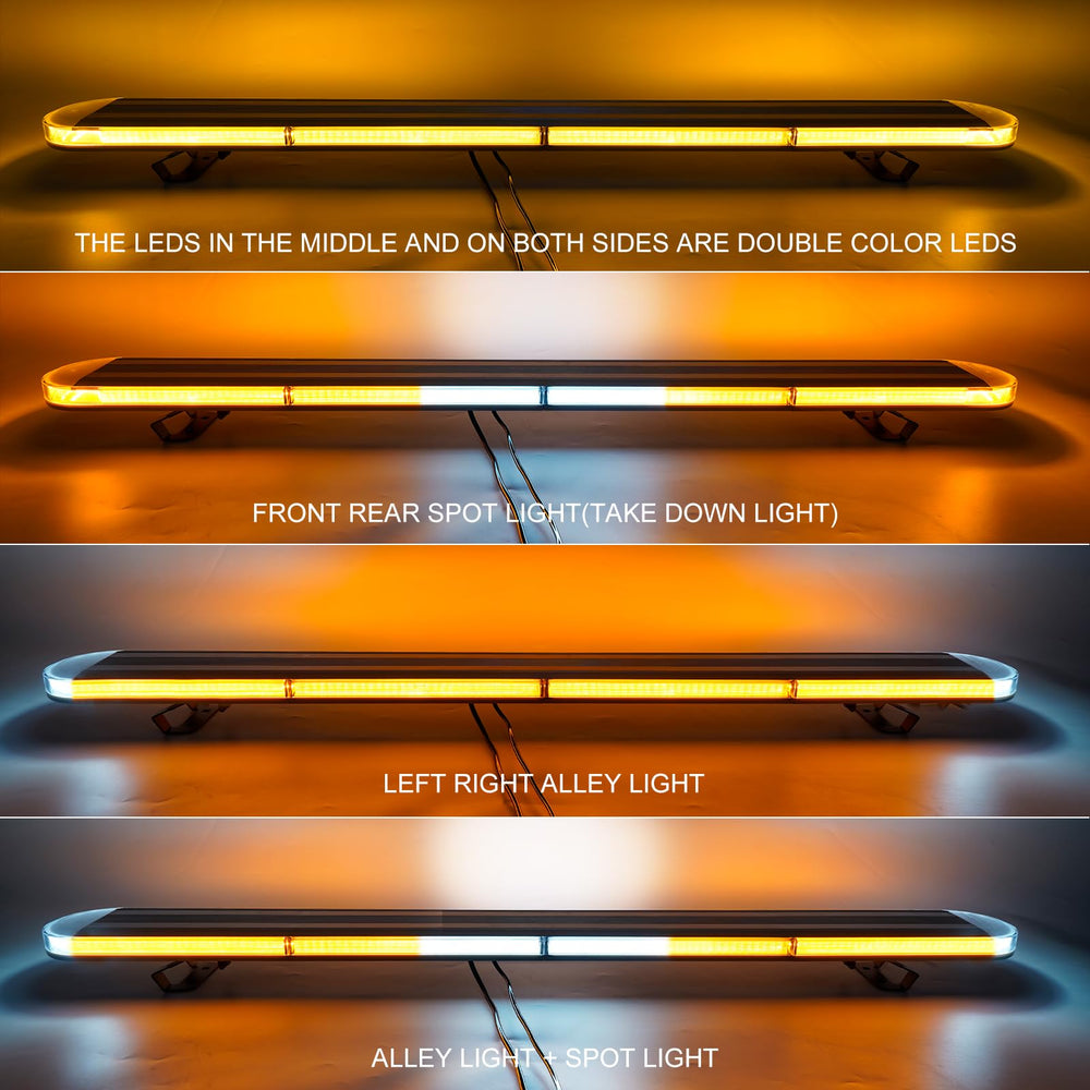 ASPL 48in LED roof mount amber bar side view, 360-degree coverage on the vehicle