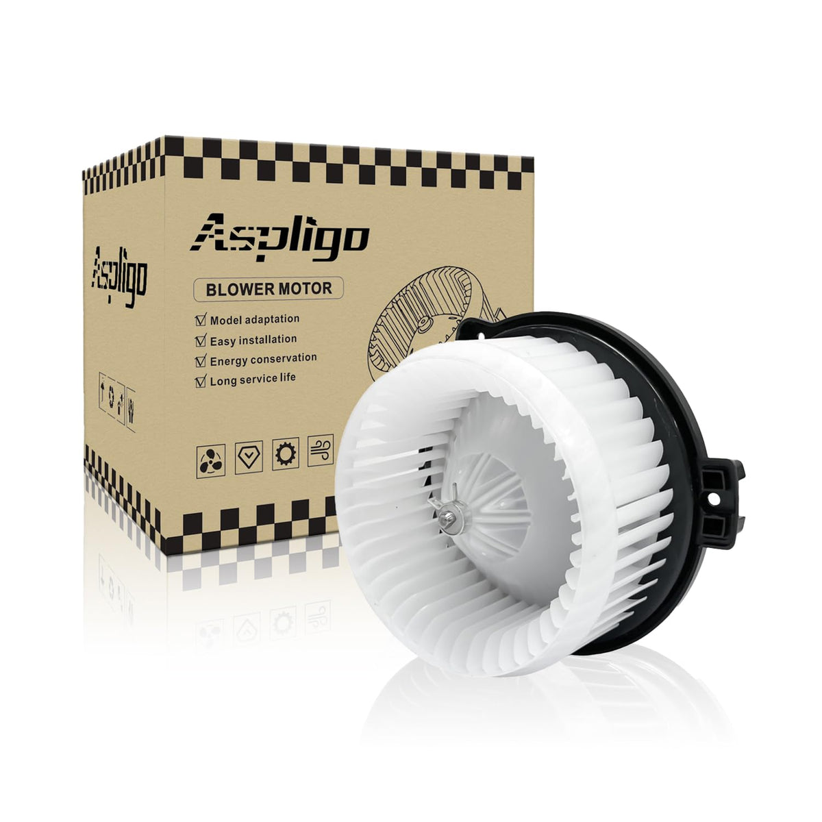 Aspligo 700054 front AC blower motor for Camry, front view, boosts airflow