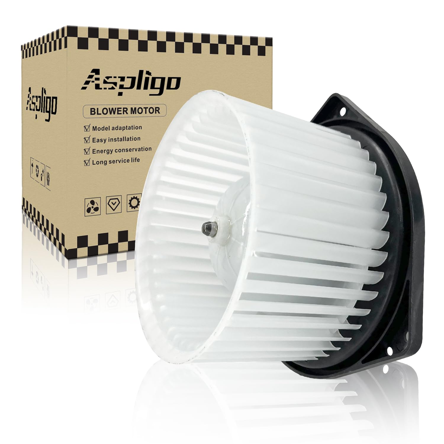 Aspligo 700239 blower motor front view shows durable ABS housing for reliable HVAC airflow