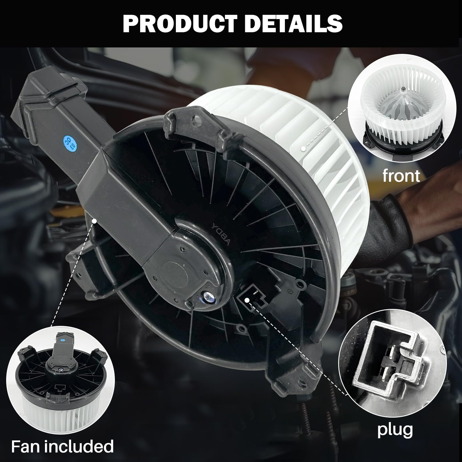 Aspligo 700257 blower motor for Honda Civic 2012-2014 close-up reveals an integrated connector for easy installation.
