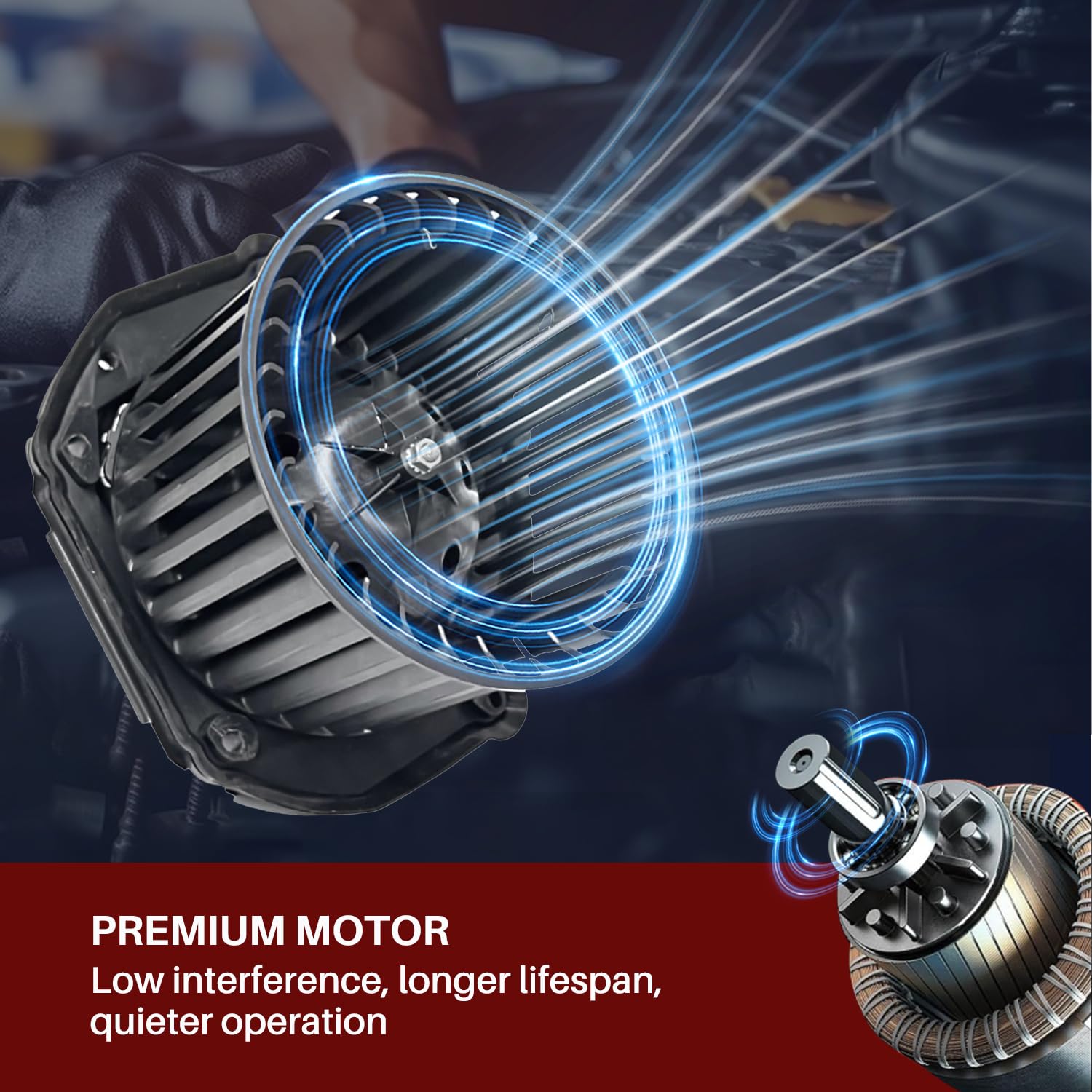 Aspligo Front 700100 blower motor copper windings indicate efficient performance.