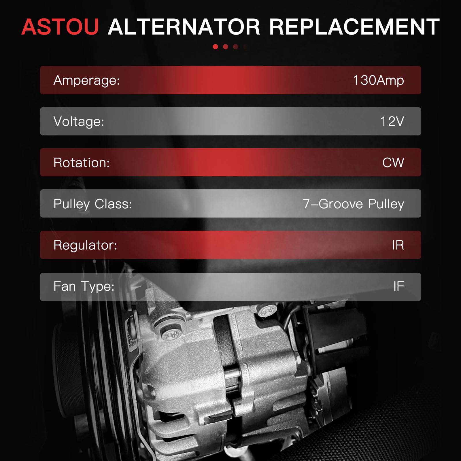 ASTOU V6 3.5L 130A alternator rear view with terminal connections and cooling design